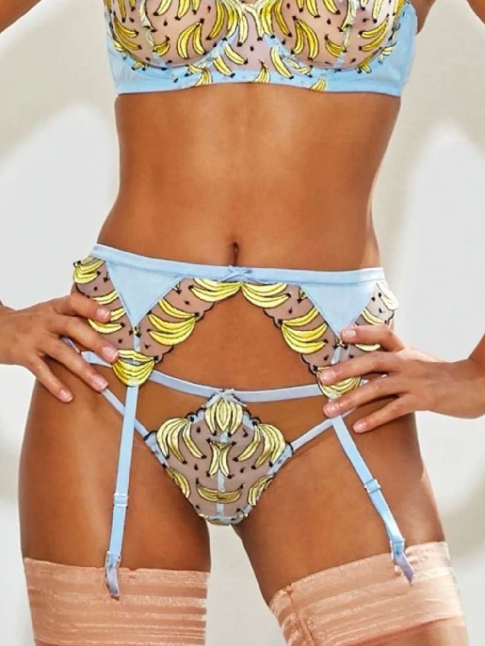 NWT Fleur Du Mal Garter Belt Banana Embroidery Lingerie Fruit Novelty Print Sz 1